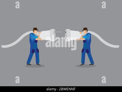 Two funny cartoon electricians trying to connect huge electrical male plugs and female jacks. Vector illustration isolated on plain grey background. Stock Vector