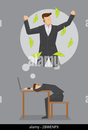 Businessman resting on his desk dreaming about becoming a rich man. Vector illustration on dreams and aspiration concept isolated on grey background. Stock Vector