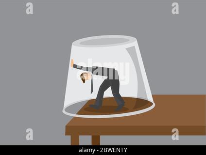 Cartoon modern man trapped in an inverted glass, pushing and trying to get out. Creative vector illustration on feeling trapped concept isolated on gr Stock Vector