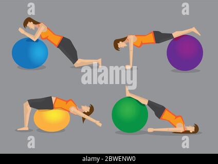 Set of four vector illustration of woman using colorful gym ball for fitness exercises isolated on plain grey background Stock Vector