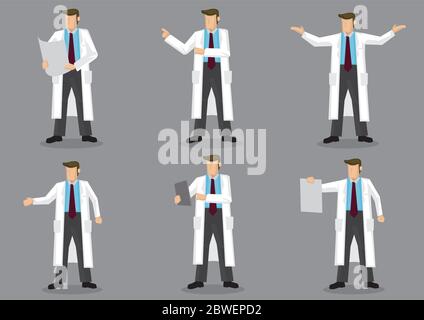 Set of six vector illustrations of cartoon man in long white coat or lab coat as doctor, scientist or laboratory researcher isolated on grey backgroun Stock Vector