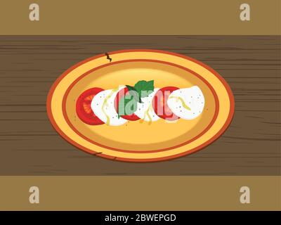 Hand Drawn Rustic Plate Dish With Caprese Salad Made Of Slices Of Tomatoes And Mozzarella Cheese Dusted With Black Pepper Olive Oil And Basil Leafs Ov Stock Vector