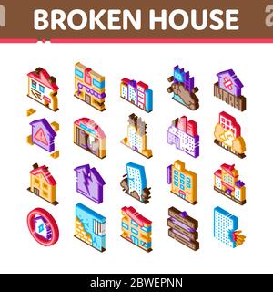 Broken House Building Isometric Icons Set Vector Stock Vector