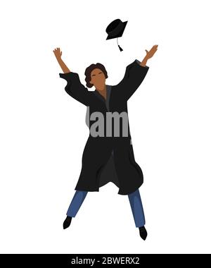Young graduate student in graduation gown jumping and throwing the mortarboard high into the air. Flat vector illustration Stock Vector