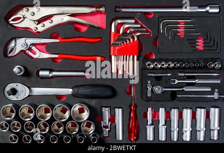 Professional work tools set with various equipments for technicians in a stylish box Stock Photo