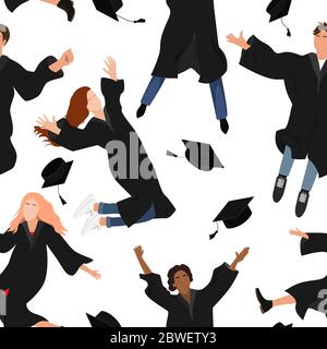 Seamless pattern with young graduate students in graduation clothing jumping and throwing the mortarboard high into the air. Flat vector illustration Stock Vector