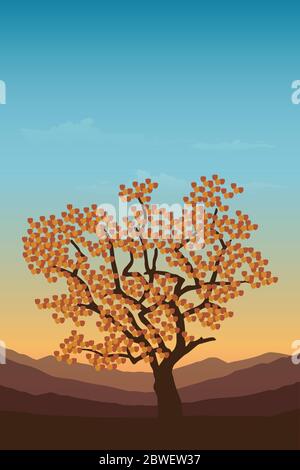 red tree in autumn on mountain landscape at sunset vector illustration EPS10 Stock Vector