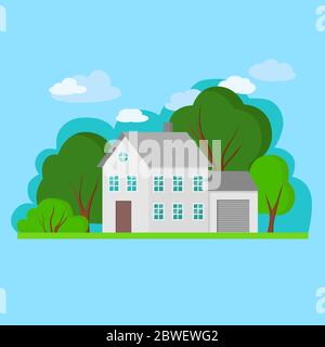 Simple gray flat gray house with green trees and blu sky. Vector Illustration of cityscape.Cottage, modern architecture. Idea of real estate. Stock Vector