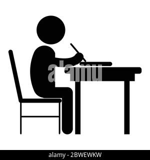 Student Studying. Black and white pictogram depicting stick figure sitting on chair at desk studying writing working. Vector File Stock Vector