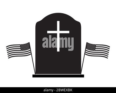 Memorial Day Tombstone with Two US Flags. Black and white pictogram depicting tombstone with two American Flags beside. Vecor File Stock Vector