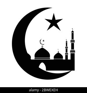 Mosque with Crescent and Star. Black and white pictogram depicting Islamic mosque place of worship. EPS Vector Stock Vector