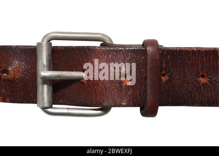 Very old leather belt isolated on white background with clipping path Stock Photo