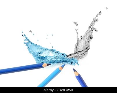 Blue pencils draws nice water splash on white background Stock Photo
