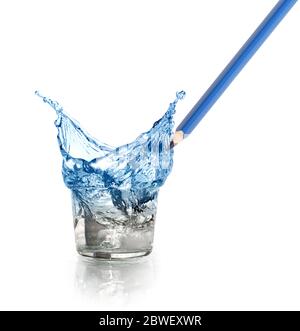 Blue pencil draws nice water splash in glass on white background Stock Photo
