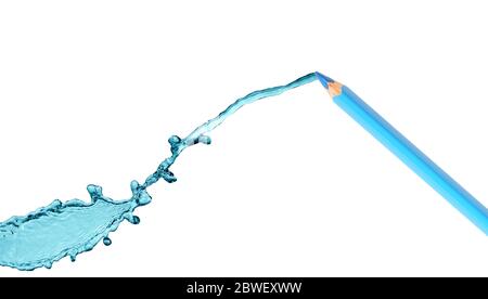 Blue pencil draws nice water splash on white background Stock Photo