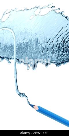 Blue pencil draws nice water splash on white background Stock Photo