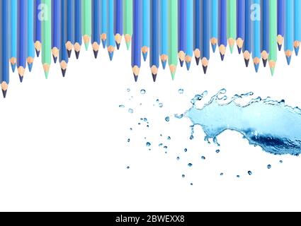 Blue pencil draws nice water splash on white background Stock Photo