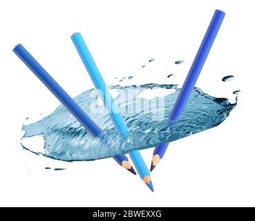Blue pencils draws nice water splash on white background Stock Photo