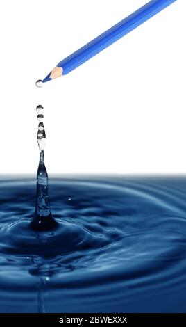 Blue pencil draws nice water splash on white background Stock Photo