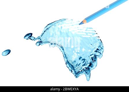 Blue pencil draws nice water splash on white background Stock Photo