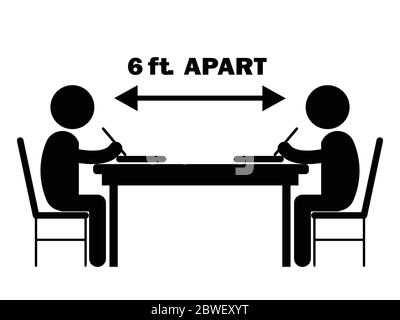 Two Students Studying Writing Desk 6 ft. Apart. Illustration depicting social distancing during covid-19 pandemic. Black and White Vector Stock Vector