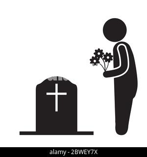 Visit Grave Cemetery Stick Figure with Flowers. Black and white pictogram depicting man standing in front of tombstone holding flowers. Vector File Stock Vector
