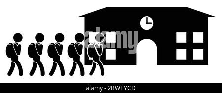 Students going to school carrying bags. Black and white pictogram depicting attending entering school with bags. Vector File Stock Vector