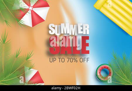 Summer sale background with umbrella, swim ring, palm tree, beach and sea from top view. Realistic vector illustration. Summer season. Stock Vector