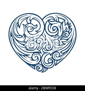 Heart with floral elements. Heart shaped bouquet composition with hand drawn flowers and plants. Hand drawn vintage style drawing flowers and plants. Stock Vector