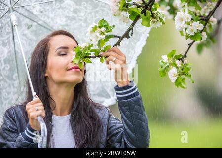 Woman smells tree flowers on during a spring rainy day in the nature, holding an umbrella. Stock Photo