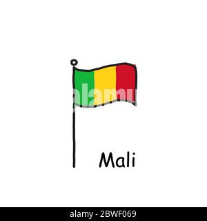 hand drawn sketchy Mali flag on the flag pole. three color flag . Stock Vector illustration isolated on white background. Stock Vector