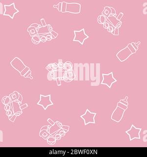 Baby Pink Seamless Pattern with Feeding Bottles, Wooden Trains and Stars Stock Vector
