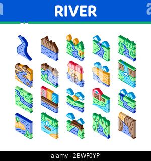 River Landscape Isometric Icons Set Vector Stock Vector