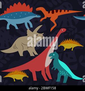 Dinosaurs on background of tropical leaves. Dino cartoon characters. Seamless smooth animal pattern Stock Vector