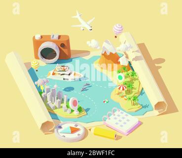 Vector isometric summer travel and vacation Stock Vector