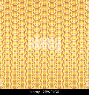 Wave ramen pattern. Seamless sea pattern, abstract asian background. Fish print with circle Stock Vector