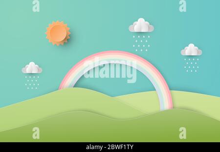 Green nature landscape scenery with mountain, rainbow, sun and clouds in paper cut style. Digital craft paper art. Stock Vector