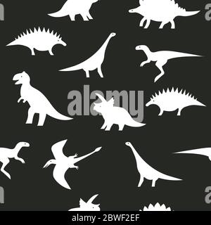 Seamless black and white dino pattern. Dinosaur silhouettes on black background for textile, print, fabric or paper wrapping Stock Vector