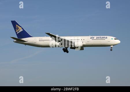 Kazakh Air Astana Boeing 767-300 with registration P4-KCA on short final for Amsterdam Airport Schiphol. Stock Photo