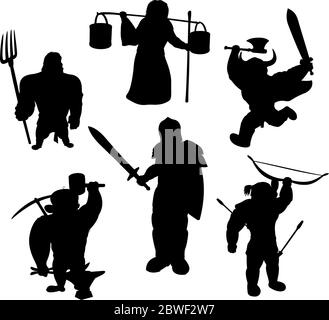 Black silhouettes of medieval male characters on white background Stock Vector