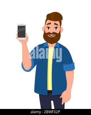Young man showing smartphone. Mobile phone concept. Vector illustration in cartoon style. Stock Vector