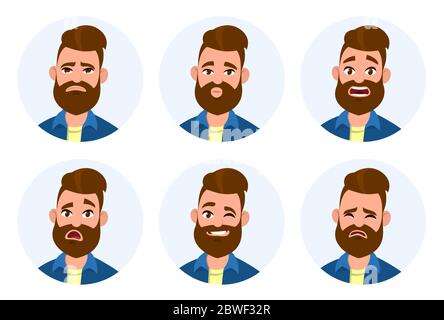 Set of male facial emotions. Different male emotions set. Man emoji character with different expressions. Stock Vector