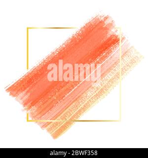 Hand-painted brush orange watercolor on a golden square frame, Watercolor splash texture background design for banner, card, headline, logo. Stock Vector