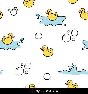 Yellow duck bath toys. Doodle style seamless texture. Stock Vector
