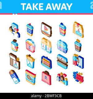 Take Away Food And Drink Delivery Isometric Icons Set Vector Stock Vector