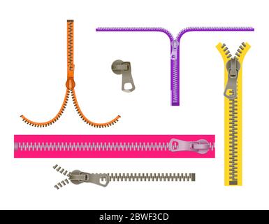Set fashion Elements. Basic Plastic Zipper. Open and closed lock. Repeating element. fastener vector. zipper for cloth isolated on white background. Stock Vector