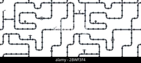 Horizontal industrial seamless pattern. Black piping on white background. pipes for water, gas, oil. Vector illustration in a flat style. Stock Vector