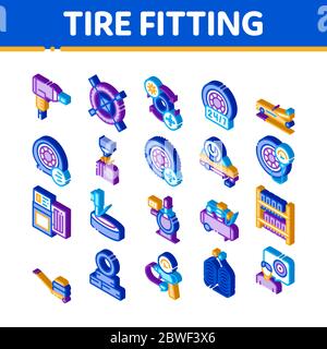 Tire Fitting Service Isometric Icons Set Vector Stock Vector