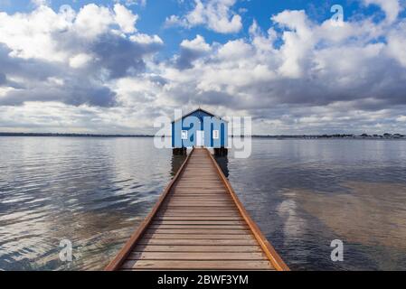 Perth, Nov 2019: Famous little blue boat house - The Crawley Edge Boatshed located on the Swan River at Crawley in Perth. Tourism in Western Australia Stock Photo