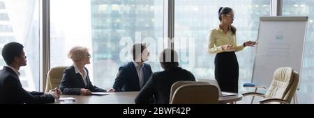 Asian coach makes presentation for company staff using flip chart Stock Photo